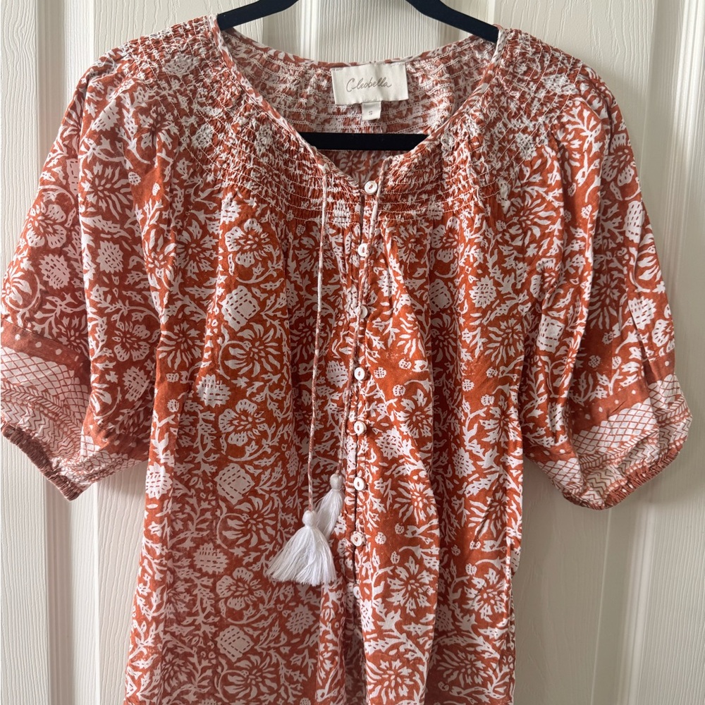 Cleobella Terracotta & White Floral Tie-Front Peasant Tunic